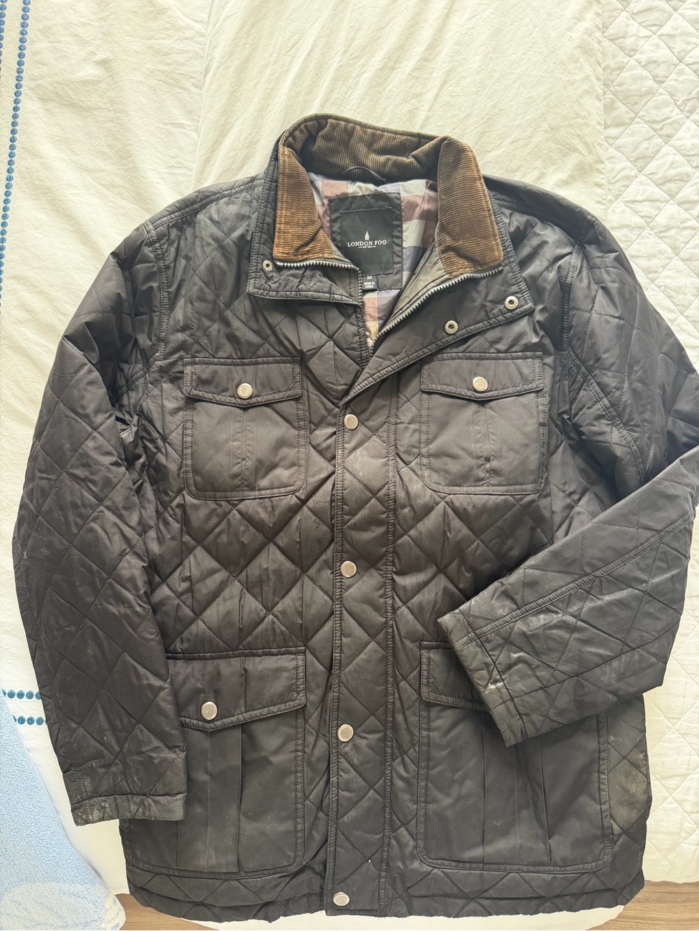 Men’s London Fog Quilted Black Jacket with Brown Corduroy Collar
